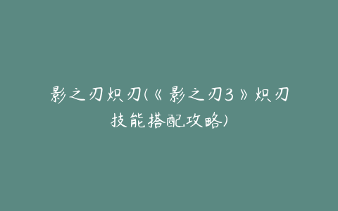 影之刃炽刃(《影之刃3》炽刃技能搭配攻略)